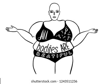 Silhouette of a woman. The slogan of radical feminism. All bodies are beatiful. Vector designe for emblem, t-shirt, sticker, poster