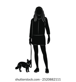 silhouette of a woman and a small dog on a white background, vector