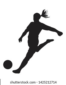  Silhouette of a woman soccer player kicking ball on white background, Vector 