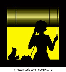 Silhouette of  woman speaking on the phone before the window with venetian blinds. Cat sitting on the window sill. Street view at night.
