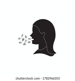 Silhouette of woman speaking with words, woman speech on white background. symbol or vector of female head with letters icon, woman talking, modern vector, black woman head front view