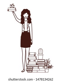 silhouette of woman with stack of books on white background