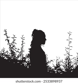 Silhouette of a woman standing against a bright sky with plants in the foreground.