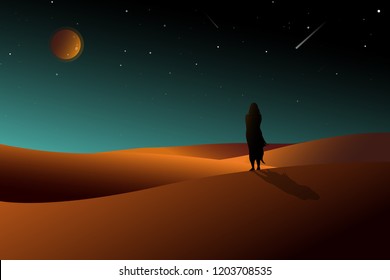 Silhouette Woman standing alone on desert watching to moonlight with sky full of stars, Illustration night desert 