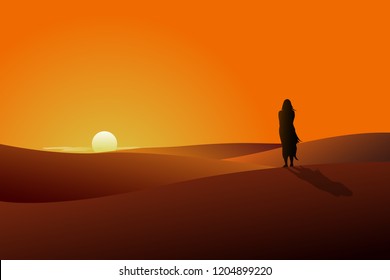 Silhouette Woman standing alone on desert watching sunset in warm mood, Illustration, with copy space.