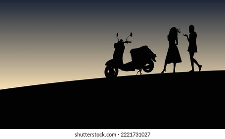 Silhouette of a woman standing beside a motorcycle on a dark background. Vector illustration.