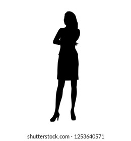 Silhouette of a woman standing in a business suit 
 with arms crossed on chest, vector illustration, black color isolated on white background