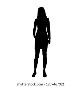 Silhouette of a woman standing in a business suit, 
vector illustration, black color, isolated on white background