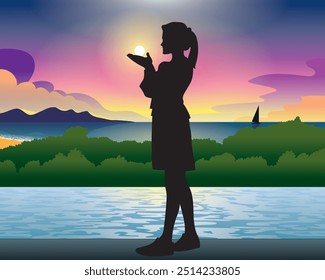 Silhueta de uma mulher em pé ao lado de um lago, fazendo um gesto de mão, pegando o sol à noite.