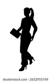 Silhouette of a woman standing with crossed legs and holding a tablet in one hand, flat graphic style, isolated on white background. Concept of businesswoman. Vector illustration