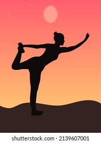 A silhouette of a woman standing in dancer yoga position, meditating against sunrise sky. Flat vector illustration