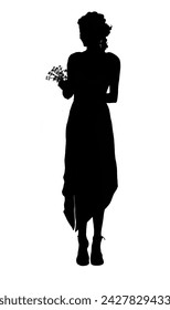 silhouette of a woman standing with a flower bucket in her hand on a white background