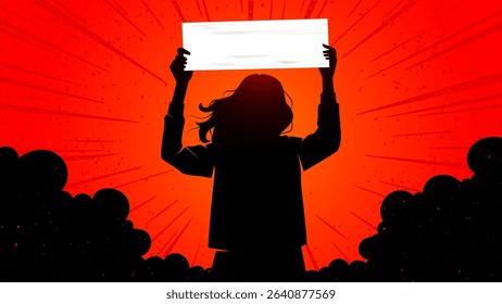 silhouette of a woman standing holding blank poster paper vector illustration, copy space banner for protest, campaign or promotional media