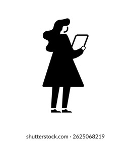 Silhouette of a woman standing and holding a tablet device. Vector illustration