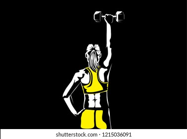 Silhouette of Woman standing and lifting dumbbell in back view.  Illustration about exercise for muscle building.