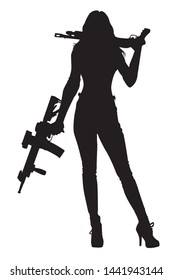 Silhouette woman standing with shot gun and machine gun in vector illustration