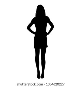 Silhouette  woman standing, slim young woman with long legs wearing summer dresses and high heels, vector,  black color, isolated on white background