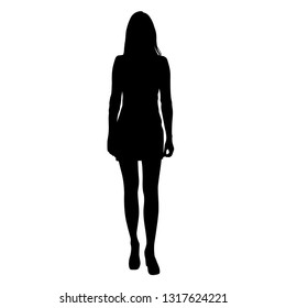 Silhouette of a woman standing in a summer dress, 
vector illustration, black color, isolated on white background