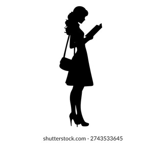 silhouette of a woman standing while reading a book, vector illustration

