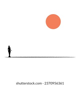 The silhouette of a woman stands below the sun.