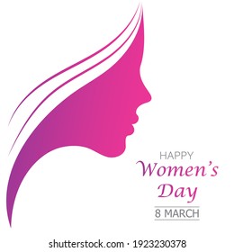 Silhouette of a woman and strands of hair colored with gradient pink and purple color and text happy women's day 8 march isolated on white background