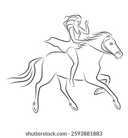Silhouette of a woman in a stylish horse. The girl is slender and beautiful rider. Lady for aesthetic decor, posters, stickers, logo. Vector illustration.