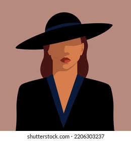 Silhouette of a woman in a suit and hat, on a light brown background. vector image
