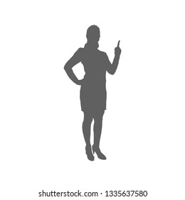 Silhouette of a woman in a suit and shoes. One hand at the waist, the other hand pointing up.