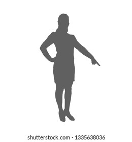Silhouette of a woman in a suit and shoes. One hand at the waist, the other hand pointing down.