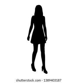 Silhouette of a woman in summer dress standing, business people,
vector illustration, black color, isolated on white background