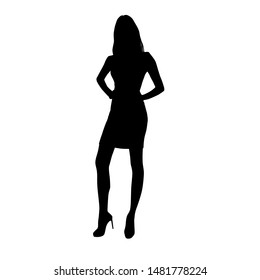 Silhouette of a woman in summer dress standing, business people,vector illustration, black color, isolated on white background