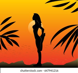  silhouette of a woman. summer landscape. sport by the sea