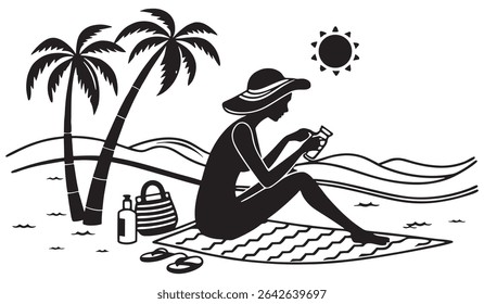 Silhouette of a woman in a sun hat applying sunscreen on a tropical beach.  She's relaxing on a beach towel with a beach bag and flip-flops nearby, under palm trees and a bright sun.