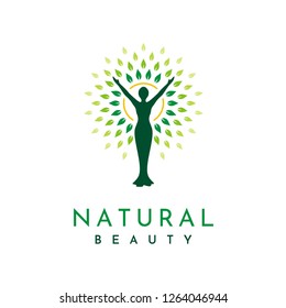 Silhouette woman, sun, and leaves for Awakening Empowering Wellness Woman relationship with Nature Logo design