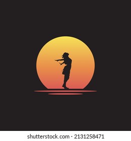 silhouette of woman with sunset on the beach illustration logo design