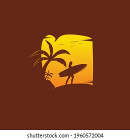 Silhouette of a woman surfer logo on the beach