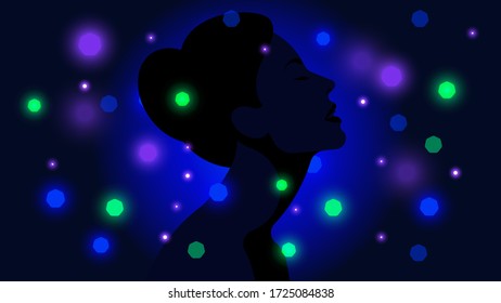 Silhouette Of A Woman Surrounded With Lights and Bokeh. Vector illustration with effect of lights in night.