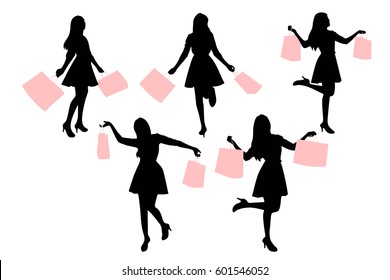 Silhouette Of Woman Take Shopping Bag With White Background