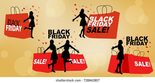 silhouette of woman take shopping bag with with black friday