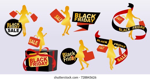 silhouette of woman take shopping bag with with black friday