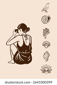 Silhouette of a woman taking photos while sitting, surrounded by tropical nature elements on a beige background