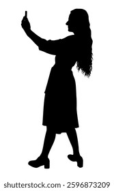 Silhouette of woman taking selfie with smartphone while walking. Vector illustration