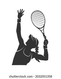 Silhouette of a woman with a tennis racket isolated on a white background. Vector illustration