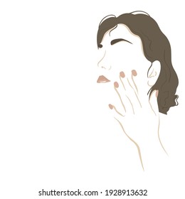 Silhouette of a woman touching her cheek. The concept of tenderness, comfort, care, self-love. Vector illustration on a white background for a logo, business cards, certificates, diplomas.