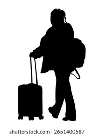 Silhouette of woman tourist with suitcase and backpack walking away. Back view.
Black vector illustration isolated on white background.