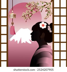 Silhouette of Woman in Traditional Attire with Cherry Blossoms and Mount Fuji for Japanese Culture and Serenity Illustration