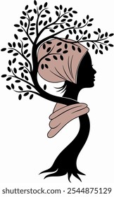 Silhouette of a woman with tree branches forming her hair, perfect for nature-themed designs, women's empowerment projects, or spiritual artwork.