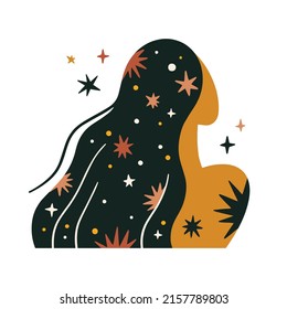 Silhouette of a woman turned backwards with stars in her hair. Witch and celestial concept hand drawn vector illustration.