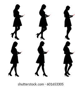 silhouette of woman use phone with white background