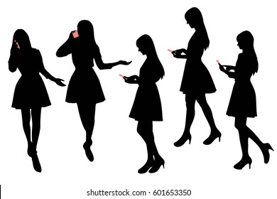 silhouette of woman use phone with white background